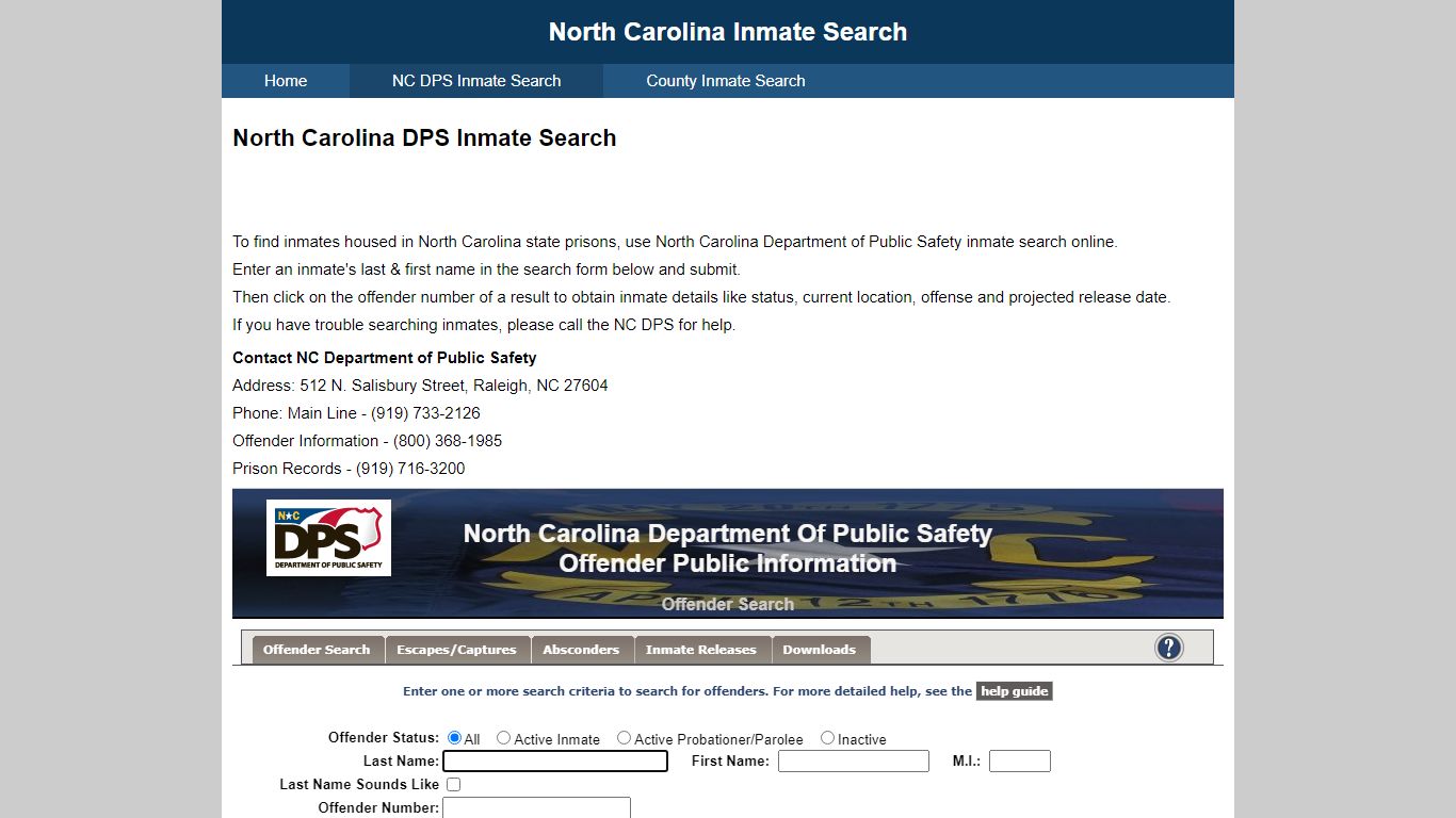 North Carolina DPS Inmate Search